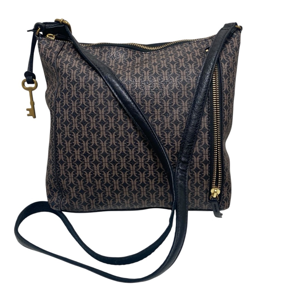 Fossil‎ Monogram Crossbody Bag Brown Black Key Charm Logo 11x9”